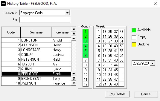 A History Table showing an employee's details 